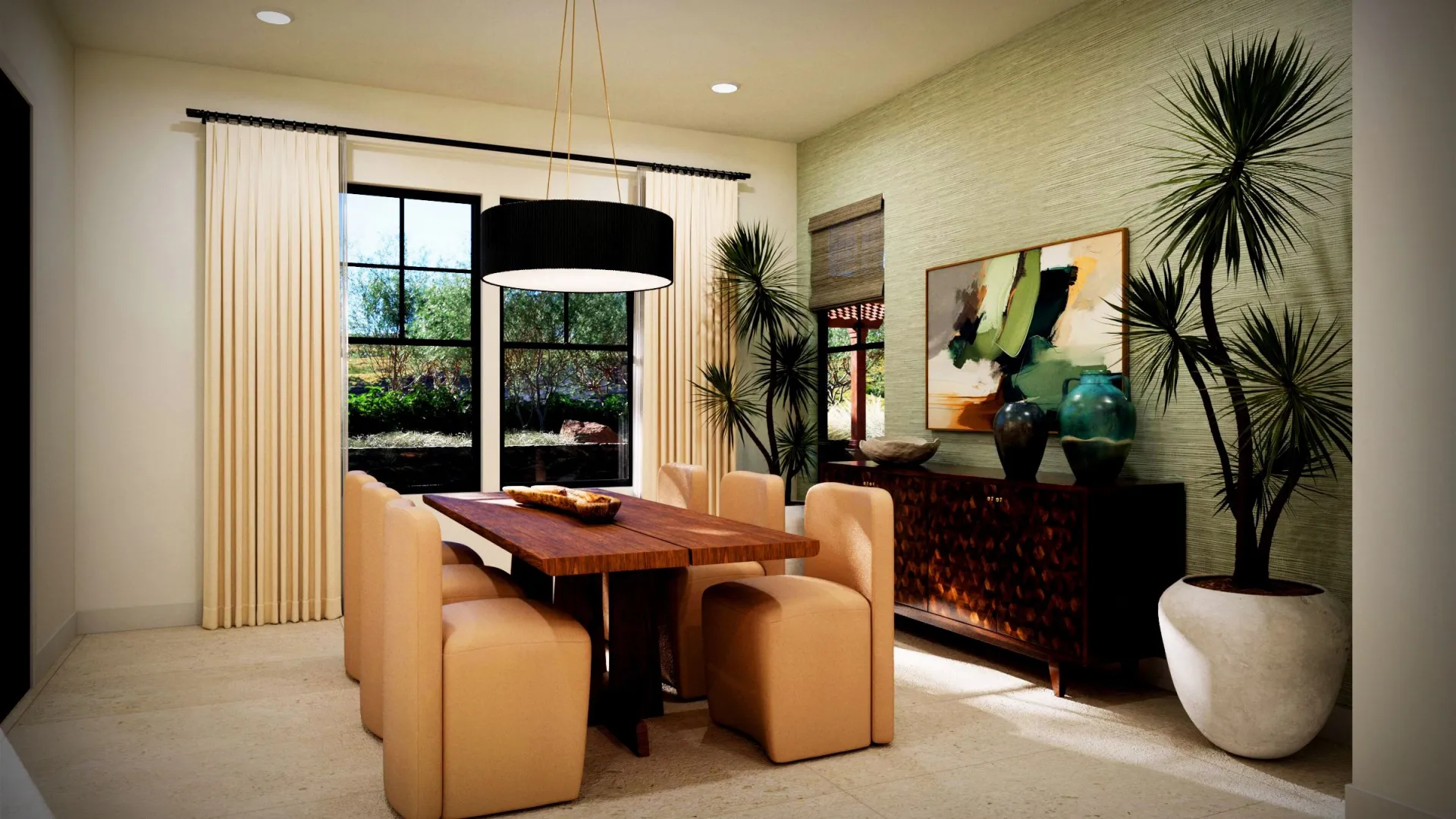 Modern dining room with wooden table, beige chairs, and large window.